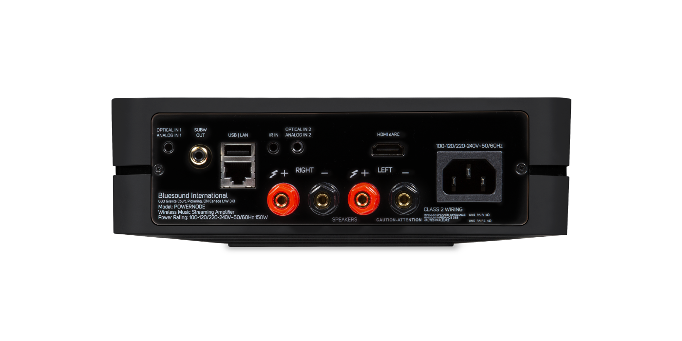 Zadní panel Bluesound POWERNODE 3 s konektory HDMI eARC, optickým a analogovým vstupem