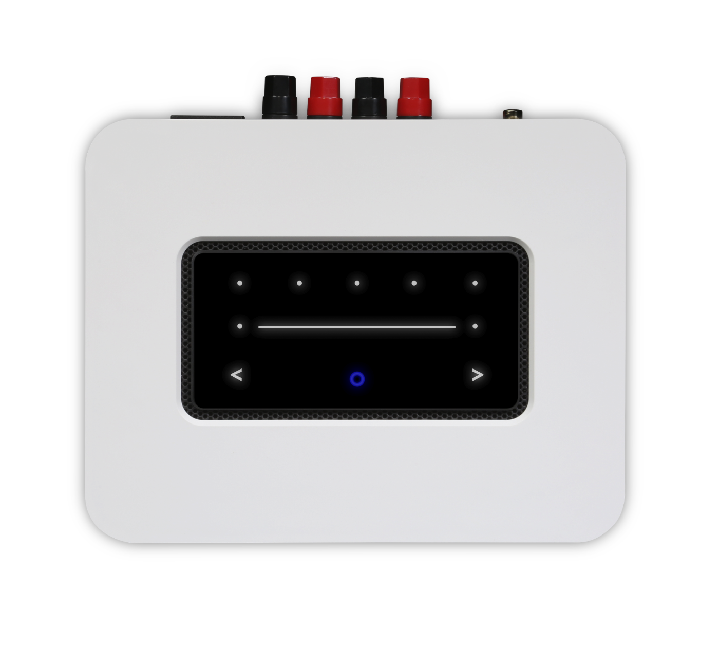 Detail celoskleněného dotykového panelu Bluesound POWERNODE 3 v bílém provedení